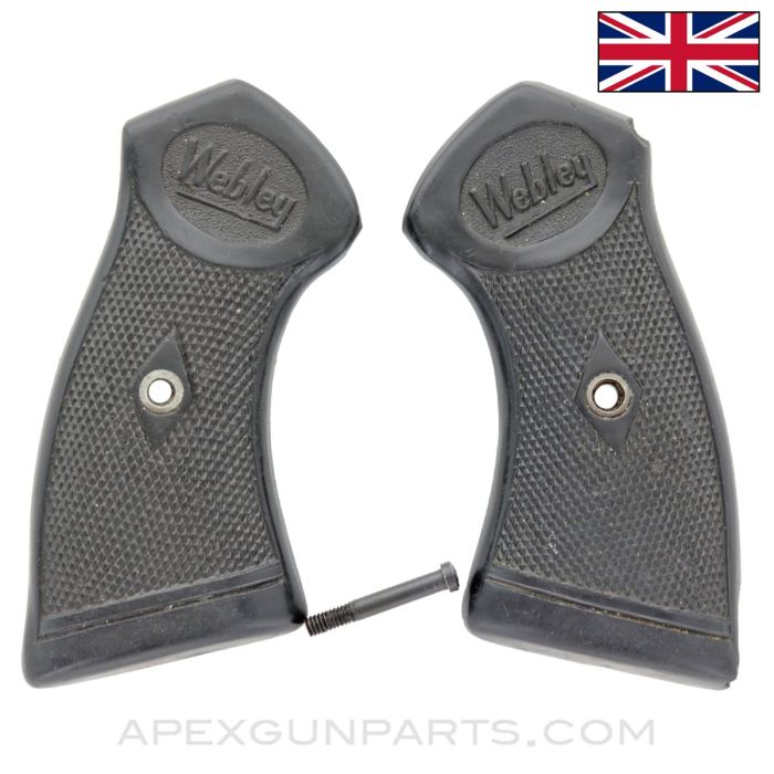 Webley MKIV Grip Set, w/ Screw, Black Plastic, Webley Marked, .38 S&W, *Good*