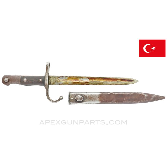 Turkish 1890 Mauser Bayonet & Scabbard, Hooked Quillion, Modified Blade Length to 9.5" *Good*   