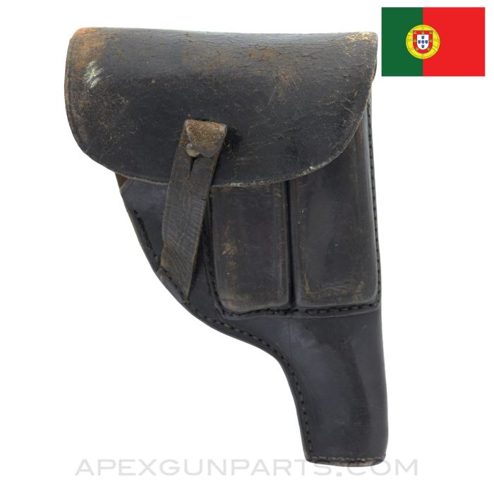 P38 Pistol Flap Holster w/ 2 Magazine Pockets, Portuguese Issue, Leather *Good*