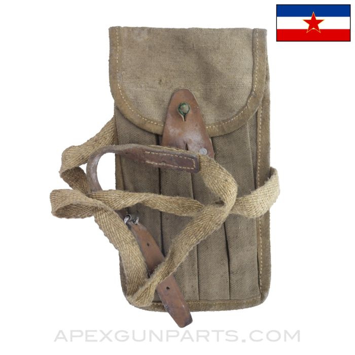 MP-38 / MP-40 Magazine Pouch, w/ Carry Strap, 4 Cell, Leather & Canvas, Pre 1956 Yugoslavian MFG *Good*