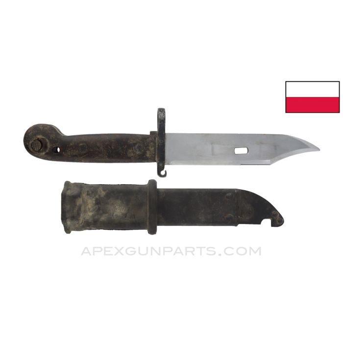 Polish AKM Type 1 Bayonet, w/ Scabbard & Rubber Insulator, Dark Grip, *Good*