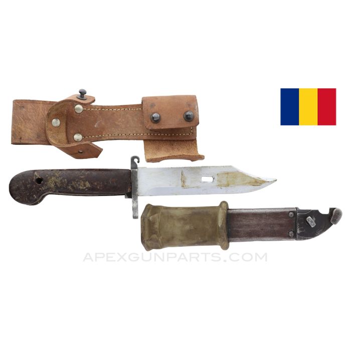 Romanian AKM Type 1 Bayonet, w/ Scabbard & Leather Frog *Good* 