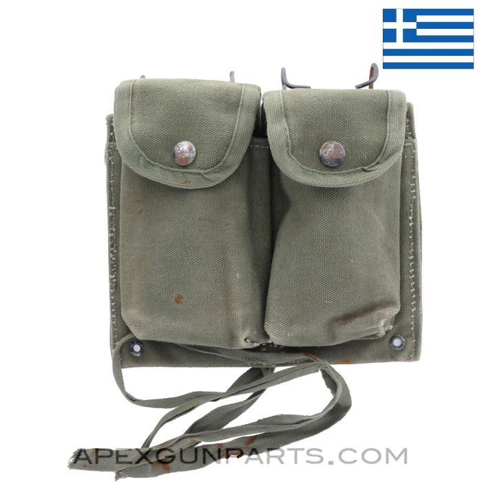 M1A / M14 / M77 / FAL Double Magazine Pouch, OD Green Canvas with Metal Hangers, Greek *Fair* 