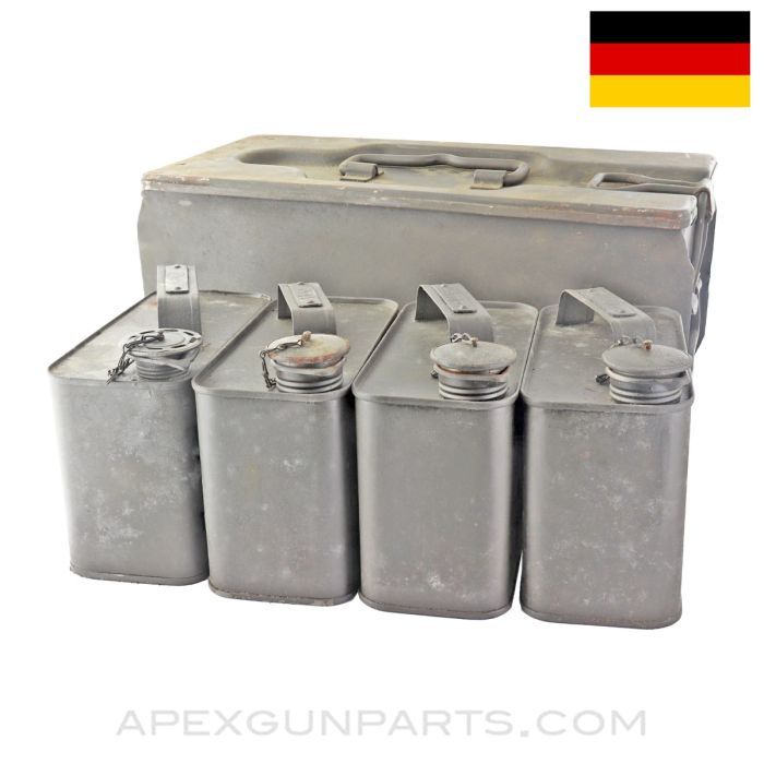 German WWII Machine Gun Service Box, w/ Oiler Set, Green Painted, Waffen Marked *Good*