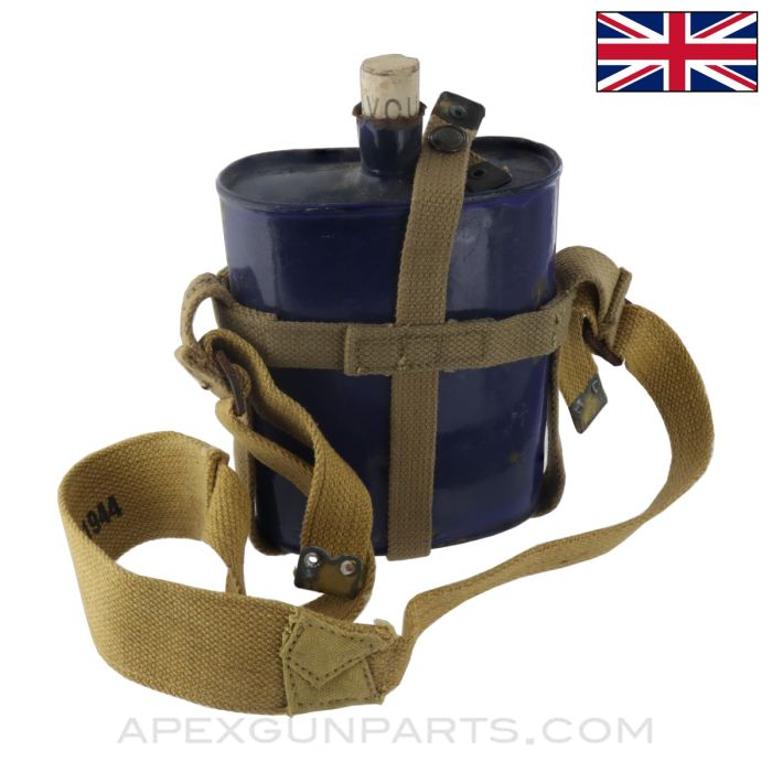 British WWII Pattern 37 Canteen, w/ Canvas Carrier Straps, Blue, *Fair*