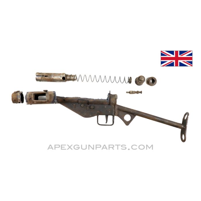 British STEN Mk 3 SMG Parts Kit, w/ Front Sight Receiver Stub & "T" Stock, 9mm Luger, *Good*