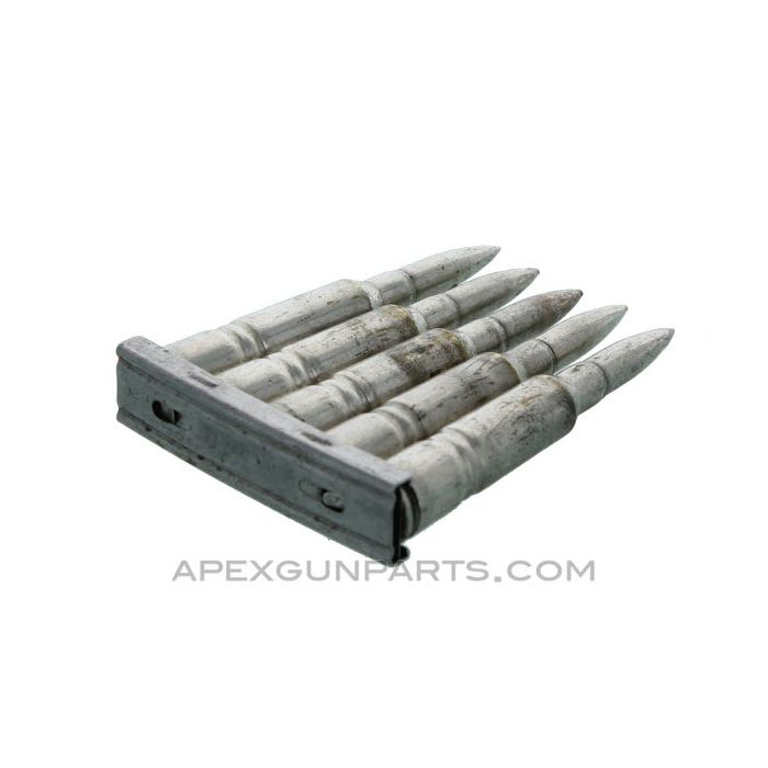 6.5mm (Rifle) - 5 Pack Dummy Rounds with (1) Swedish Mauser M96 Stripper Clip, Silver w/Pointed Nose, *Good, Rusty* 