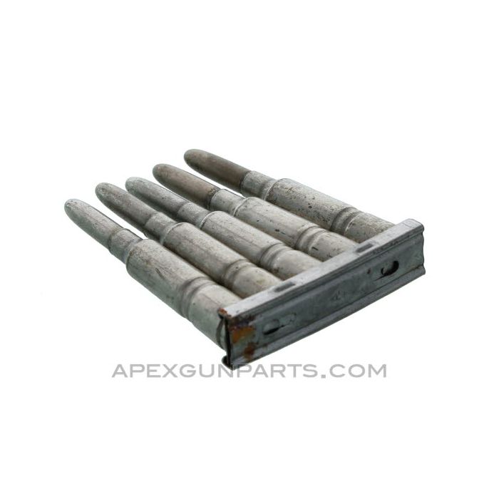 6.5mm (Rifle) - 5 Pack Dummy Rounds with (1) Swedish Mauser M96 Stripper Clip, Silver w/Round Nose, *Good, Rusty* 