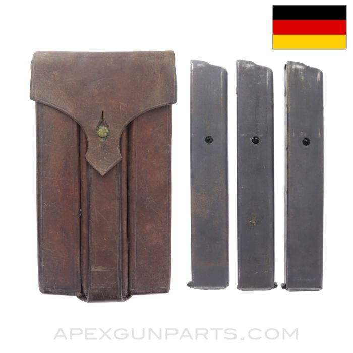 MP34 Magazines, Set of Three, w/ Leather Pouch, Waffen Marked, Steyr Manufactured, 32rd, 9X19 / 7.65 Luger *Good* 