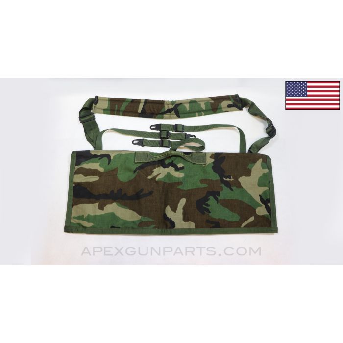 M249 / M240B Spare Barrel Bag, w/ Shoulder Strap, Woodland Camo Pattern *NOS*