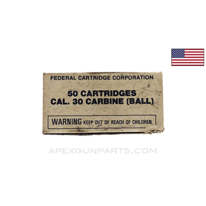.30 Carbine (Rifle) Box of 50, Federal Cartridge Corp. (FCC), Copper Jacketed, Ball Ammo *Fair* Condition 