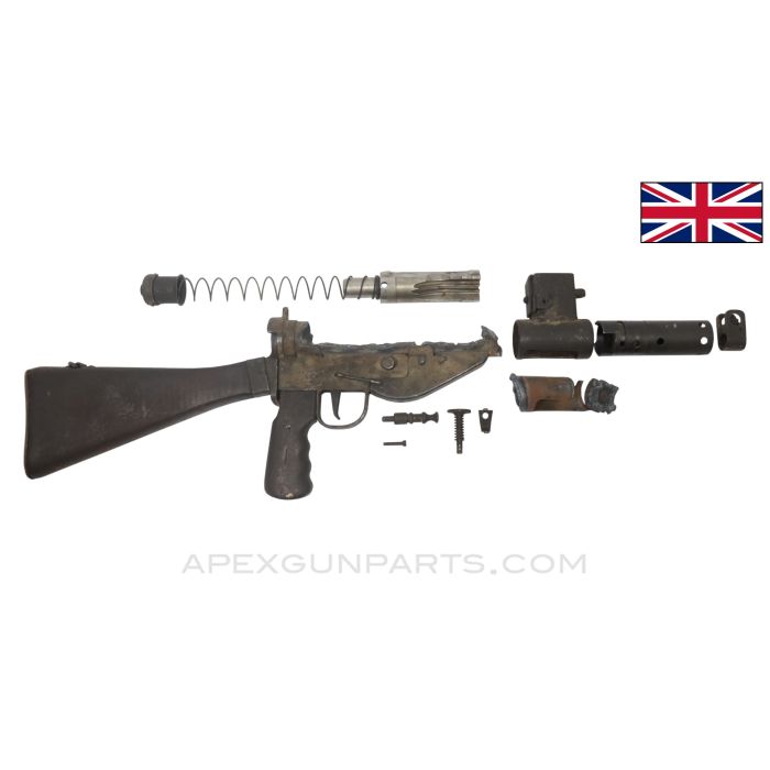 British STEN Mk 5 SMG Parts Kit, w/ Wood Stock and Grip, Barrel Bushing and Barrel Nut, 9mm Luger *Good* 