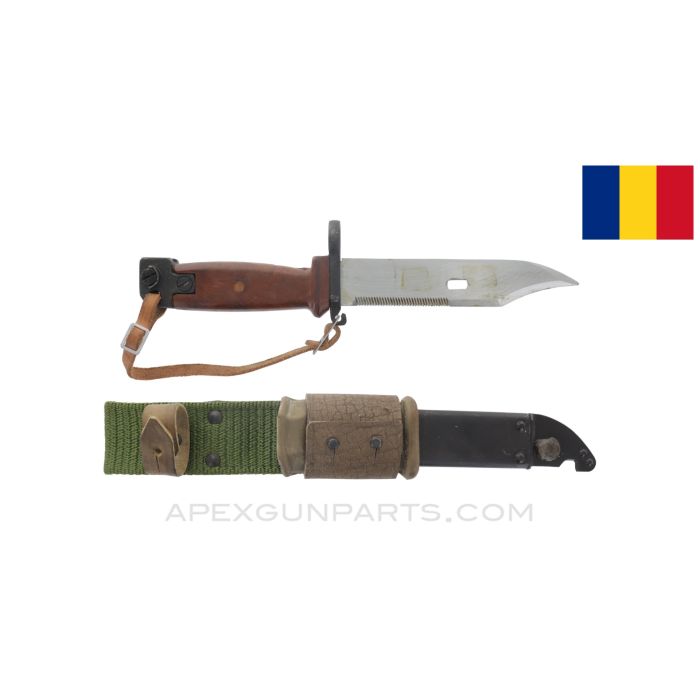 Romanian MD.86 / AIMS-74 Bayonet, Transitional Style, w/ Scabbard, Knuckle Strap & Nylon Frog *Excellent* 