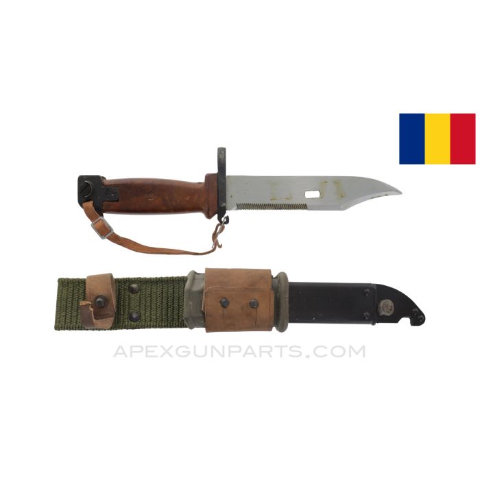 Romanian MD.86 / AIMS-74 Bayonet, Transitional Style, w/ Scabbard, Knuckle Strap & Nylon Frog, Torn / Cut Retaining Strap, Possible Light Rust on Pommel *Good* 
