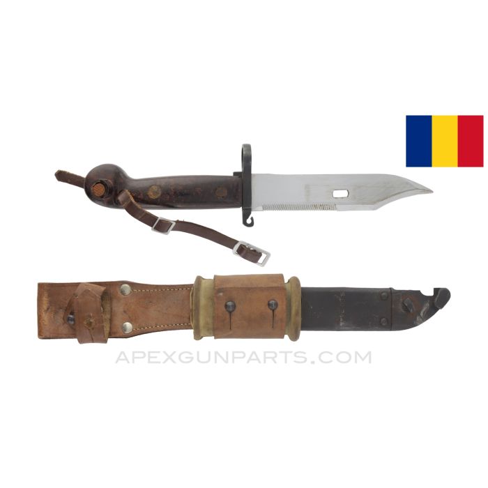 Romanian AKM Type 1 Bayonet, w/ Scabbard, Knuckle Strap & Leather Frog *Good* 