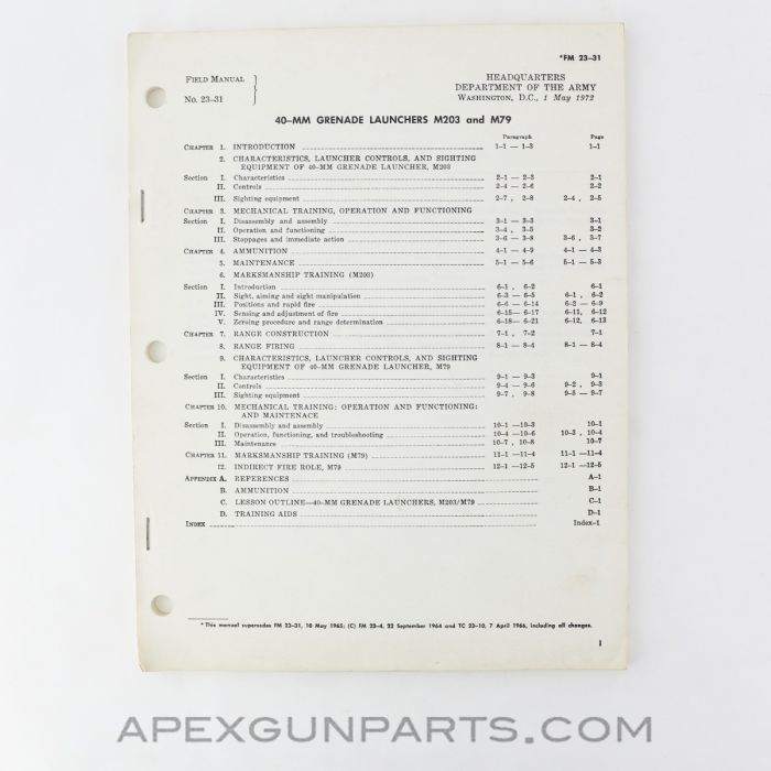 M203 / M79 40mm Grenade Launcher Field Manual, Paperback, Missing Cover, FM 23-31, May 1972 *Good*