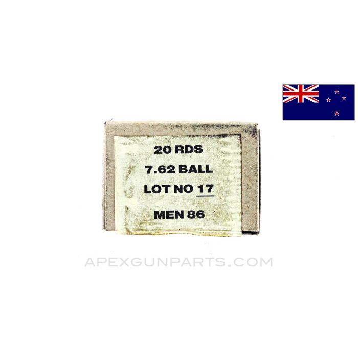 7.62X51MM (Rifle) 15rd Box, Copper FMJ, Defense Army Auckland, New Zealand Ammo, 147gr,  *Good* Condition