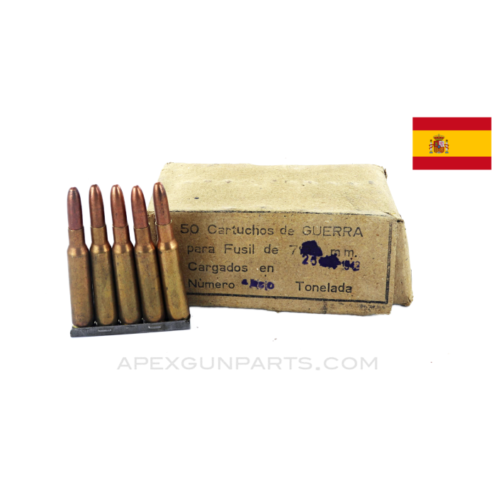 7.92x57mm Mauser (Rifle) - Box of 50,FMP (Fábrica Nacional de Palencia) 1888 Pattern (M/88), Lead Core, Brass Case in *Good* condition