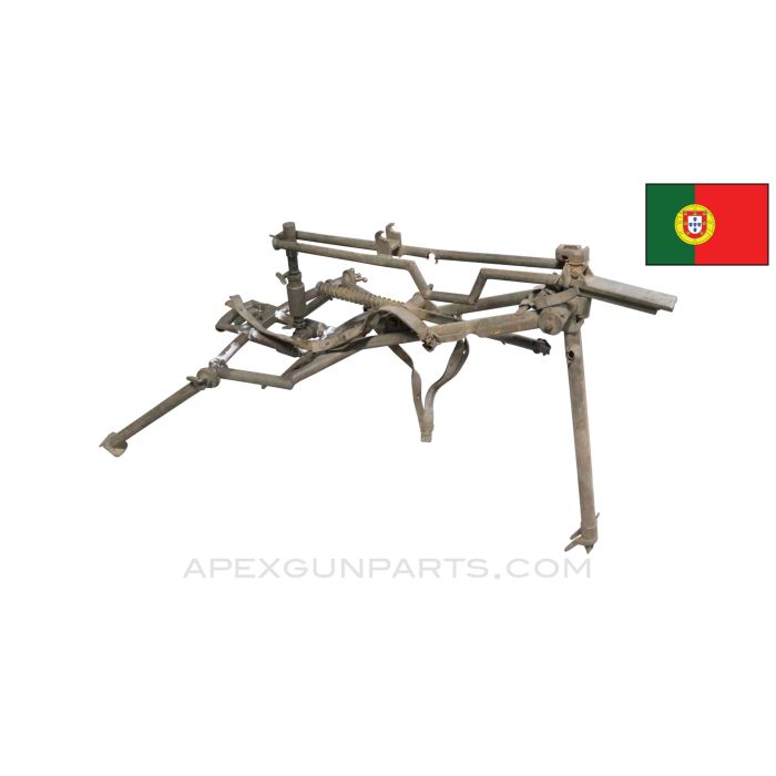MG42 Tripod, w/ Paddle Trigger, Portuguese Madsen, Battled Damaged, No Remote Cable, Painted Green, Steel, *Fair* 
