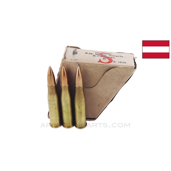 8x56mm (Rifle) - 10RD Box of Austrian Military Surplus, Brass Case, FMJ, In *Good* Condition 