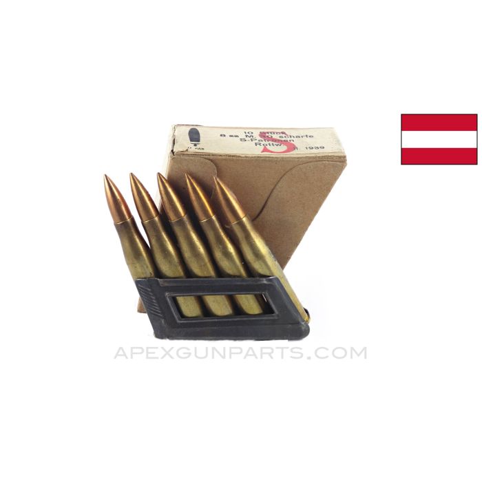  8X56Rmm (Rifle) Box of 10 Rounds, Mannlicher Waffenampt marked, M 30 Scharfe S-Patronen Rottw, On Stripper Clips, *Very Good* 