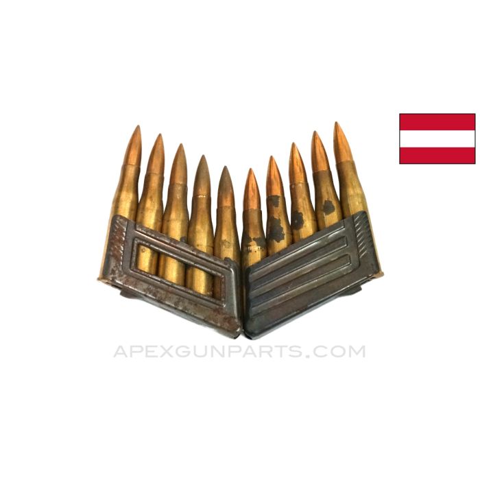  8X56Rmm (Rifle) Loose set 10 Rounds, Mannlicher Waffenampt marked, M 30 Scharfe S-Patronen Rottw, On Stripper Clips, *Fair* 