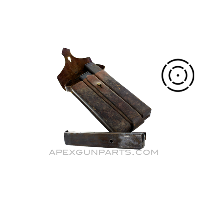 MP34 Magazines, Set of Three, w/ Leather Pouch, Steyr Manufactured, 32rd, 9X19 / 7.65 Luger *Good* 