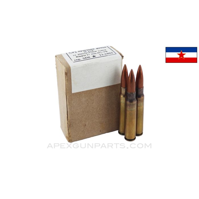 8MM Mauser (Rifle) - Box of 15,  Yugoslavian Military Surplus, 196 Grain Brass Case - 1955 Dated