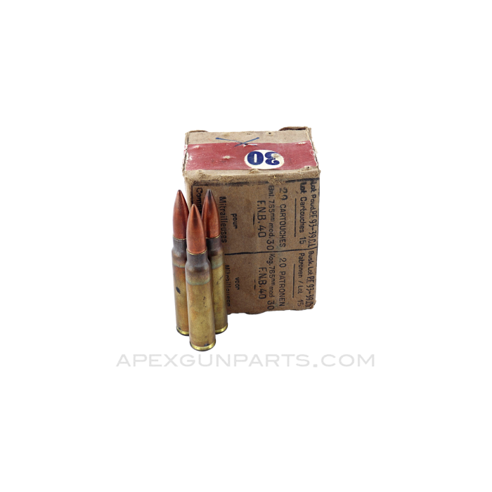 7.65 Mauser (Rifle) - 20RD Box Surplus, Fabrique Nationale Belgique, Full Metal Jacket, Brass Case