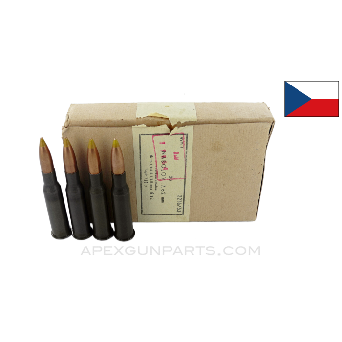 7.62x54R (Rifle) - 20RD Box of Czech Military Surplus, 1953 Dated, 182 Grain, Yellow Tip Heavy Ball, FMJ, Lead Core