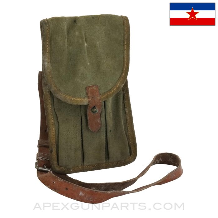 PPS43 Magazine Pouch, w/ Carry Strap, 3 Cell, Leather & Canvas, Yugoslavian MFG *Good*