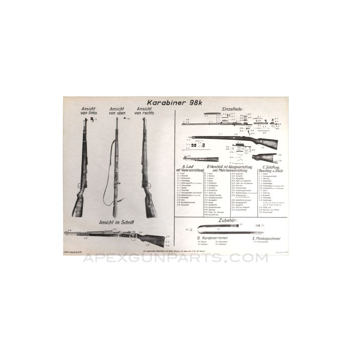K98k Mauser Rifle Parts Poster, WW 2 German Reprint 45" x 32", B&W *NEW*