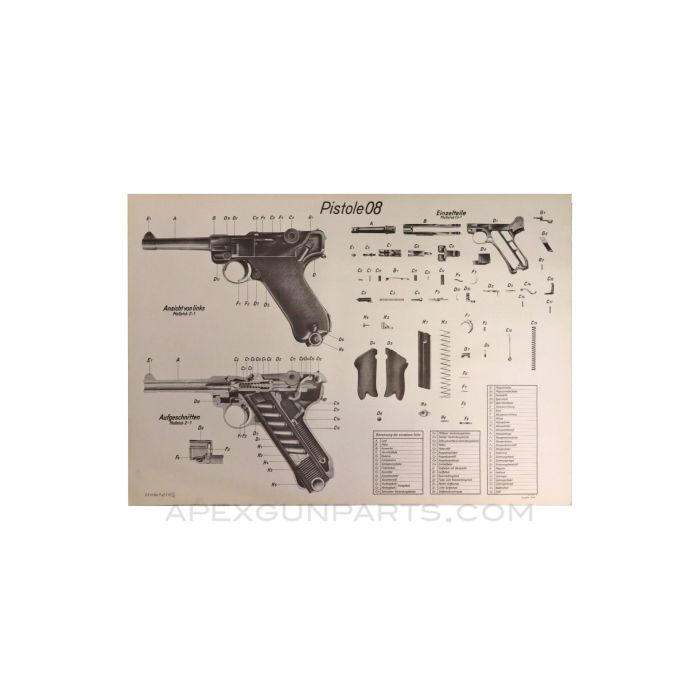 Luger P08 Pistol Parts Diagram, WW2 German Reprint 45" x 32", B&W *NEW* 
