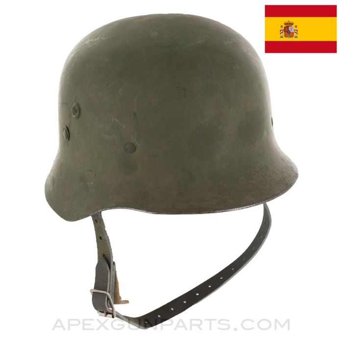 Spanish M42 Helmet Complete, w/ Replacement Liner and Chin Strap, Metal, Green, *Good*