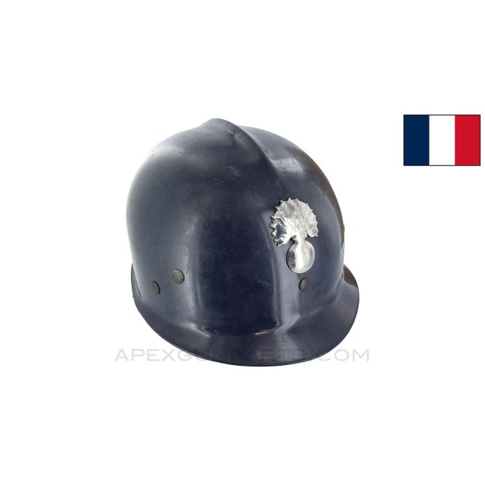 French Gendarmerie Riot Helmet, Complete, w/ Flaming Bomb Emblem, Blue Plastic *Good* 