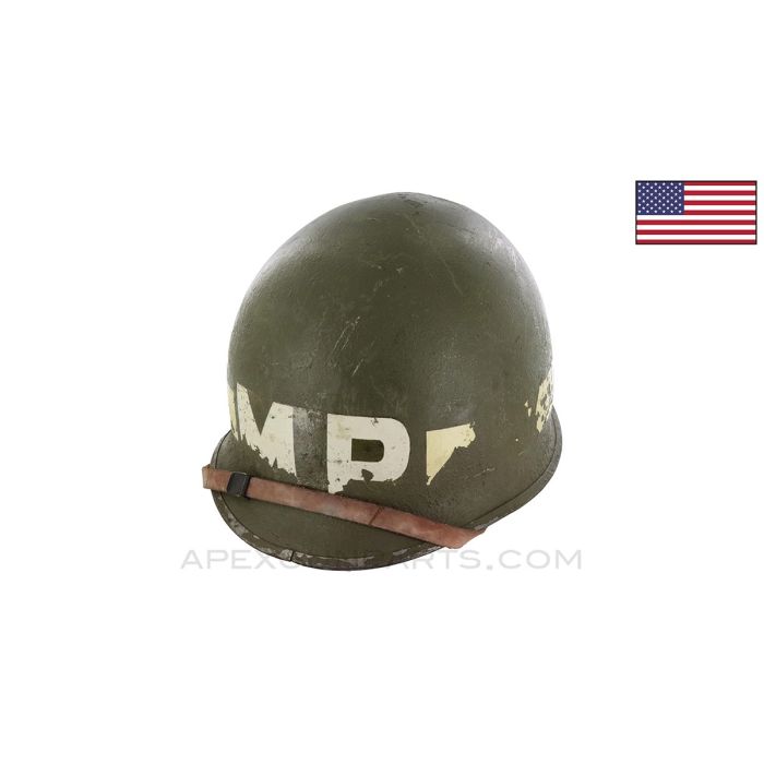 M1 "Steel Pot" Helmet, w/ Complete Liner, WW2 Front Seam, w/ MP Insignia, NO Chin Strap *Good* 