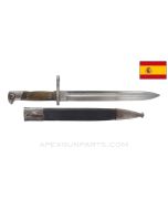Spanish M1893 Mauser Rifle "Humpback" Bayonet, w/ Leather Scabbard, Unmarked Blade *Good*