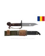 Romanian AKM Type 1 Bayonet, w/ Scabbard, Knuckle Strap & Nylon Frog *Excellent* 