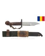 Romanian AKM Type 1 Bayonet, w/ Scabbard, Knuckle Strap & Nylon Frog *Good* 