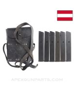 MP34 Magazines, 32rd, Set of Six, w/ Black Leather Pouch, Steyr Manufactured, 9X19/7.65 Luger *Good* 