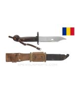 Romanian AKM Type 1 Bayonet, w/ Scabbard, Knuckle Strap & Leather Frog *Good* 