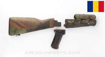 Romanian Balkan War AKM Fixed Stock Set, Field Painted Camo, Wood w/ Polymer Pistol Grip *Good*