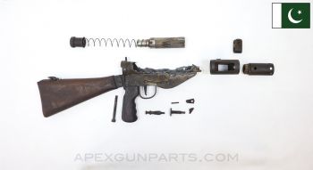 STEN MK 5 SMG Parts Set, w/ Wood Stock & Grip, Cut Trigger Housing Tabs, 9mm Luger, Pakistan *Good*