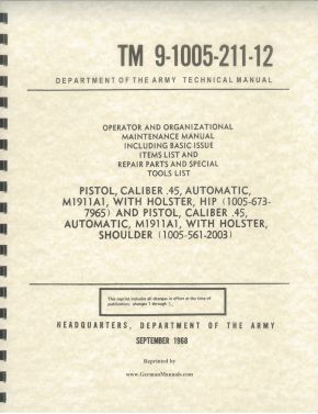 Model 1911 .45 Automatic Pistol Operator & Maintenance Manual, Reprint of 1968 Original, Paperback, *NEW*