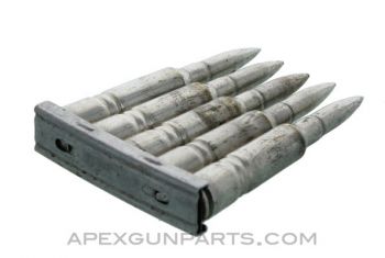 (5) Pack Dummy Rounds with (1) Swedish Mauser M96 Stripper Clip, 6.5mm, Silver w/Pointed Nose, *Good, Rusty* 