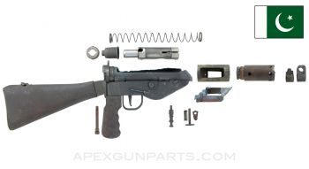 STEN Mk 5 SMG Parts Set w/Wood Stock &amp; Grip, 9mm Luger, Torch Nicked Shroud, Pakistan 