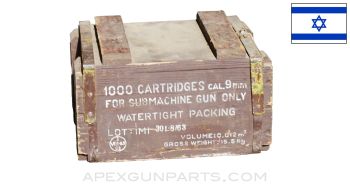 9x19mm +P Israeli IMI - 1000RD Ammo Box - 115 Grain Brass Case - Submachine Gun Ammo *NOS*