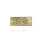 Browning 1919 .30 Cal. M2 Tripod Identification Plate, New MFG, *NEW*