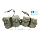 SPECIAL! Set of 2 M1 Garand En-Bloc Ammunition Pouches, OD Canvas, Alice Clips, Greek *Good/Stained/Worn* 