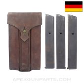 MP34 Magazines, Set of Three, w/ Leather Pouch, Waffen Marked, Steyr Manufactured, 32rd, 9X19 / 7.65 Luger *Good* 